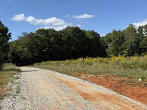 A gravel road curves through a rural area with trees in the background, yellow wildflowers on the right, and patches of red soil under a blue sky with scattered clouds.