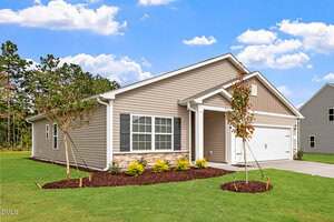 Single-story suburban house at 110 Hybrid Street with tan siding, white trim, and a two-car garage. The front yard features young trees, mulch, small shrubs, and a concrete driveway under a blue sky with scattered clouds.