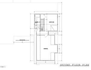 Black and white architectural floor plan labeled "Second Floor Plan," showing areas designated as office, bonus room, bathroom, and stairs, with walls, doors, and window placements marked.