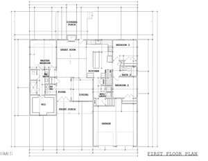 First floor architectural plan showing labeled rooms including master bedroom, two additional bedrooms, great room, kitchen, dining area, foyer, media nook, laundry, two bathrooms, garage, front porch, and covered porch.