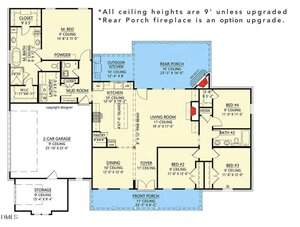 Floor plan of a single-story house showing four bedrooms, two bathrooms, a living room, dining room, kitchen, front and rear porches, a 2-car garage, storage, and optional outdoor kitchen and fireplace. Ceiling heights are noted.