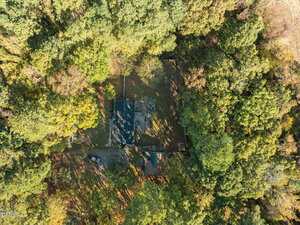 Aerial view of a house surrounded by dense, tall trees. The property includes a main building, a driveway, and a small clearing, with sunlight casting shadows through the forested area.