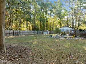 A fenced backyard with scattered leaves, a doghouse near the fence, a small shed, outdoor furniture, and a deck, surrounded by tall trees and dense foliage in the background.