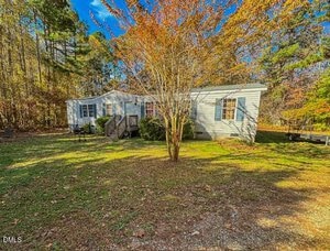 A single-story light gray house with blue shutters sits on a grassy yard with a few small bushes and a tree in front, surrounded by tall trees under a clear blue sky.
