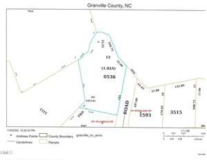 A map of a section of Granville County, NC, highlighting parcel 0536 (1.02A), with labeled roads, neighboring parcels, address points, county boundary, centerlines, and measurements in feet.