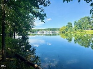 A calm lake reflects trees and a clear blue sky. Boats are docked along the distant shoreline. Tree branches and greenery frame the scene in the foreground.