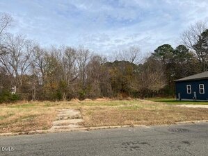 Vacant grassy lot with a concrete walkway leading to a wooded area in the background. A dark blue house is partially visible on the right side. The sky is mostly cloudy.