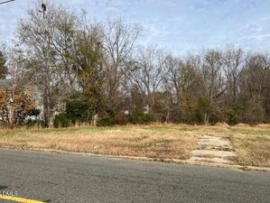 A vacant grassy lot bordered by leafless trees and bushes, with a concrete sidewalk and curb along the street in the foreground; houses are partially visible in the background.