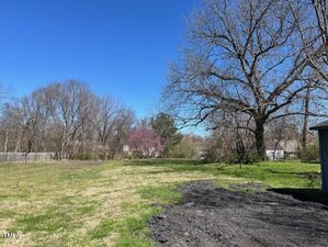 A grassy yard with scattered bare trees under a clear blue sky. There is a large tree on the right and a section of dark soil or gravel near the edge. Houses are visible in the background among more trees.
