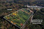 Aerial view of a wooded lot at 0 Bruce Garner Road, Creedmoor, outlined in white and labeled Lot 1647. Property lines shown are estimated, not survey accurate. Trees display a mix of green and autumn colors.