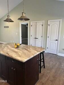 A kitchen with a marble island countertop, a bowl of lemons on top, dark wood cabinets, two pendant lights above, light green walls, and three white doors in the background. The floor is wood.