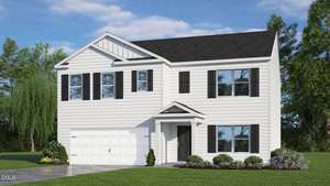 A two-story white house at 111 Ross Drive in Stem, with black shutters and roof, double garage, front porch, and a landscaped yard of shrubs and flowers, all set against trees and a partly cloudy sky.