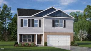 Two-story modern suburban house at 113 Ross Drive with gray siding, black shutters, white trim, brick lower facade, attached two-car garage, dark front door, and neatly landscaped front yard. Trees and grass stem around the stylish home.
