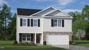 This two-story suburban house at 109 Ross Drive in Stem features white siding, black shutters, a brick accent on the lower front, a two-car garage, dark front door, front shrubs, and a lush green lawn with trees in the background.
