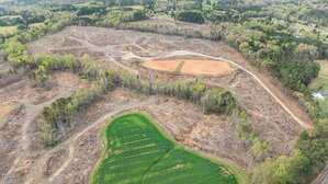 Aerial view of a large area of mostly cleared land with scattered trees and patches of brown soil, surrounded by more densely wooded and green grassy areas, and a few buildings visible in the distance.