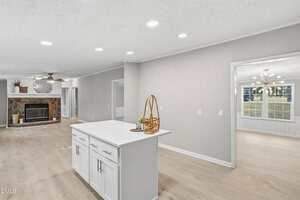 A modern, open-plan kitchen with a white island and cabinets, light wood flooring, and recessed lighting. A living area with a stone fireplace and a separate dining room are visible in the background.