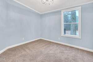 An empty room with light blue walls, beige carpet, white trim, a single window showing a tree outside, two electrical outlets, and a ceiling light fixture.