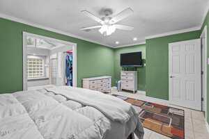 A bedroom with green walls, white ceiling fan, and tile floor. A bed with a white comforter is in the foreground. A TV on a stand, two dressers, and an area rug are visible. An open door leads to a bathroom and closet.