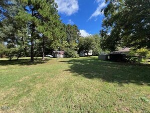 A grassy yard with scattered trees, a few small sheds or outbuildings, and houses partially visible in the background under a partly cloudy sky.