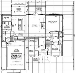 Architectural floor plan drawing showing layout of a single-story home with labeled rooms including garage, kitchen, pantry, laundry, family, study, master suite, master closet, foyer, eating area, and covered porch.
