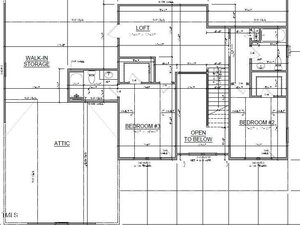 Architectural floor plan showing an upper level with labeled areas, including a loft, walk-in storage, attic, two bathrooms, bedrooms #2 and #3, stairwell, and an area open to below. Measurements and wall details are shown.
