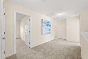 A carpeted hallway with light beige walls, a white ceiling, and a partially open door leading to another room. A large abstract painting hangs on one wall, and ceiling lights illuminate the space.