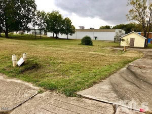 A grassy vacant lot with a few scattered trees sits next to a small yellow utility building and a concrete driveway. An industrial-style building and cloudy sky are visible in the background.