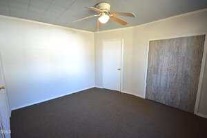 Empty room with white walls, brown carpet, a ceiling fan with light, a closed white door, and a closet with wood-patterned sliding doors. The room appears clean and unfurnished.