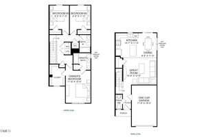 Black and white floor plan with two levels. Main level shows one-car garage, porch, great room, kitchen, dining area, and powder room. Upper level has three bedrooms, two bathrooms, closets, and laundry area.