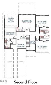 Floor plan of the second floor showing four bedrooms, two bathrooms, a game room, raised tray ceiling area, linen closet, walk-in storage, and open space overlooking below. Room dimensions are labeled.