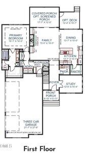 Floor plan for the first floor of a house showing labeled rooms including a primary bedroom, family room, kitchen, dining area, study, mudroom, laundry, pantry, powder room, porches, foyer, and three-car garage.