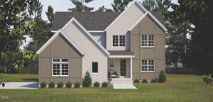 A two-story modern suburban house at 110 Firefly Lane in Youngsville, featuring taupe and light gray siding, multiple peaked roofs, white trim windows, and a covered front entrance surrounded by grass, bushes, and trees.