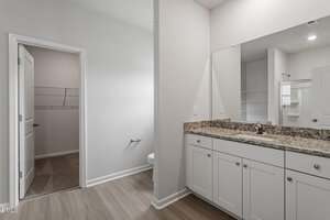 A bathroom with a granite countertop vanity, white cabinets, a large mirror, and light wood flooring. A doorway leads to a walk-in closet with shelving. A toilet is partially visible next to the closet door.