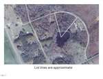 Aerial view of a wooded residential area with a pond near the center. White lines outline Lot 18 Cypress Springs Drive, an irregular triangular lot by the pond in Louisburg. The text at the bottom states, "Lot lines are approximate.