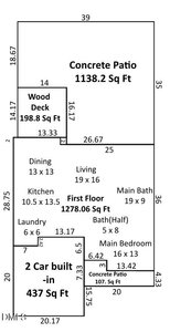 Black-and-white floor plan labeled with room names, dimensions, and square footage. Includes areas for a concrete patio, wood deck, dining, living, kitchen, laundry, 2-car garage, bedrooms, and bathrooms.