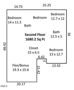 A floor plan diagram of a 1680.2 square foot second floor with 4 bedrooms, 2 bathrooms, a closet, and a flex/bonus room. Room dimensions and overall perimeter measurements are labeled in feet.