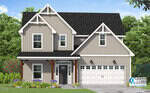 A two-story house at 670 Husketh Road, Youngsville, with beige and gray vertical siding, a covered front porch with wooden posts, black roof shingles, and a white double garage door, surrounded by green trees and landscaped plants.