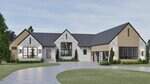 Modern single-story house at 163 Forest Bridge Road, Youngsville, featuring stone and wood siding, large windows, black-framed glass garage doors, and a circular paved driveway surrounded by green lawn and landscaping.