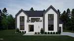 Modern two-story house at 60 Chestnut Oak Drive, Youngsville, with white and gray exterior, large dark-framed windows, two gabled sections, a balcony above the entrance, landscaped shrubs in front, and trees surrounding the property.