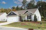 A modern single-story house at 165 Shallow Drive, Youngsville, with gray siding, a white garage door, and black trim. The front yard features a small tree, shrubs, and neat grass, while tall trees provide a scenic backdrop.