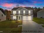 A two-story modern house with gray siding, white trim, and a double garage is shown at sunset with lights on at 680 Husketh Road, Youngsville. A concrete driveway and manicured lawn are in front. Text reads "FOR ILLUSTRATION PURPOSES ONLY.