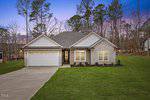 Single-story modern house at 101 Prairie Dog Drive, Louisburg, featuring a two-car garage, brick and siding exterior, manicured lawn, and concrete driveway at sunset with trees and a purple-blue sky in the background.