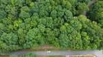 Aerial view of a dense green forest near Louisburg, with a single white car parked along narrow 133 Osage Drive. The road runs horizontally near the bottom of the image, bordering the woods.