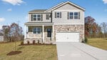 Located at 130 Babbling Creek Drive in Youngsville, this two-story modern suburban house features a stone and siding exterior, covered front porch, white garage door, wide driveway, manicured lawn, and small shrubs.