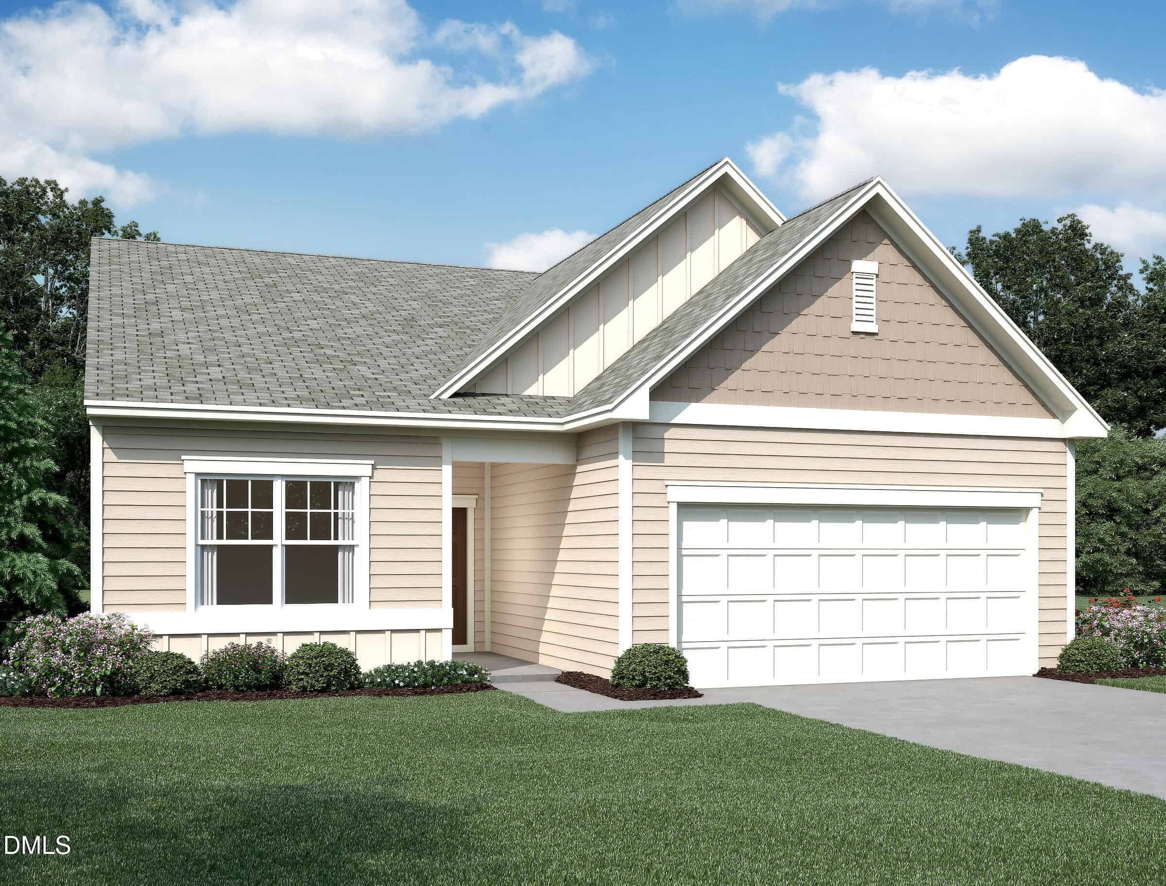 Charming single-story beige house at 82 Club Road, Louisburg, with a gray shingle roof, white trim, and a two-car garage. Manicured lawn, shrubs, and trees surround the home under a partly cloudy sky.