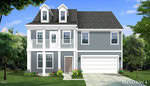 A two-story house in Franklinton at 55 Copperleaf Court with gray siding, white trim, a covered front porch with columns, balcony above, double garage, dormer windows on the roof, and a well-maintained lawn with shrubs and flowers.