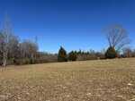 A wide, open field off 005 Keeton Road with sparse brown grass and scattered patches of bare earth, bordered by leafless trees and evergreens under a clear blue Bullock sky.