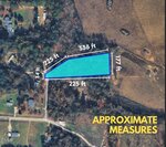 Aerial view of a roughly rectangular plot of land outlined in blue, labeled with approximate side lengths: 34 ft, 225 ft, 338 ft, 177 ft, and 225 ft. The words "APPROXIMATE MEASURES" appear in yellow text at the bottom right.