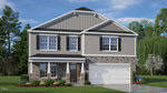 A two-story suburban house with gray siding, stone accents, black shutters, and a white garage door, surrounded by a well-kept lawn, shrubs, and trees under a blue sky with scattered clouds.