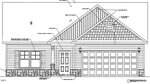 Black-and-white architectural drawing of a single-story house with a gabled roof, double garage, front door with sidelights, two front windows, stone base, horizontal siding, and labeled construction details.